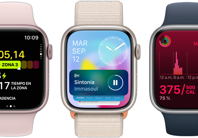 Vista frontal de cinco dispositivos Apple Watch que muestran cuánta información cabe en la pantalla gracias a la actualización de watch OS 10.