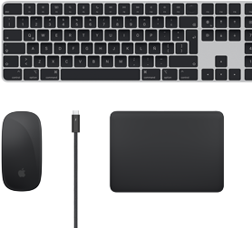 Vista desde arriba de accesorios para el Mac: Magic Keyboard, Magic Mouse, Magic Trackpad y cables Thunderbolt.