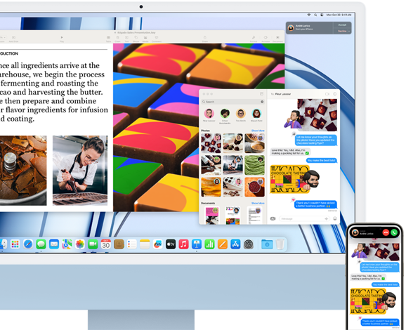 Una iMac junto a un iPhone muestran la funcionalidad Continuidad para compartir mensajes de texto y fotos entre los dispositivos.