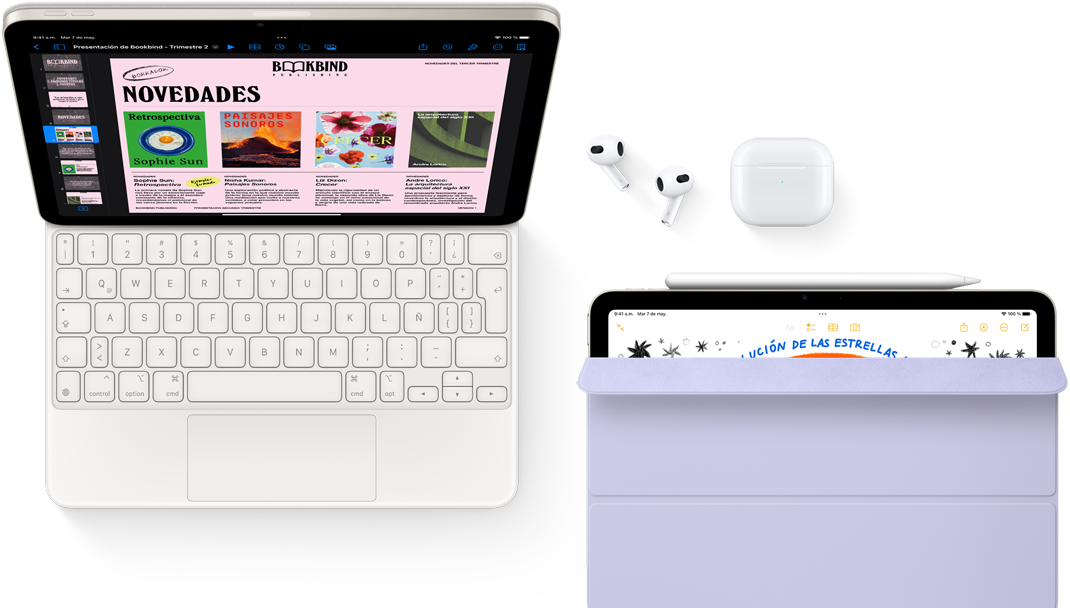 iPad Air conectado a un Magic Keyboard, con Airpods Pro, Apple Pencil Pro y accesorios Smart Folio