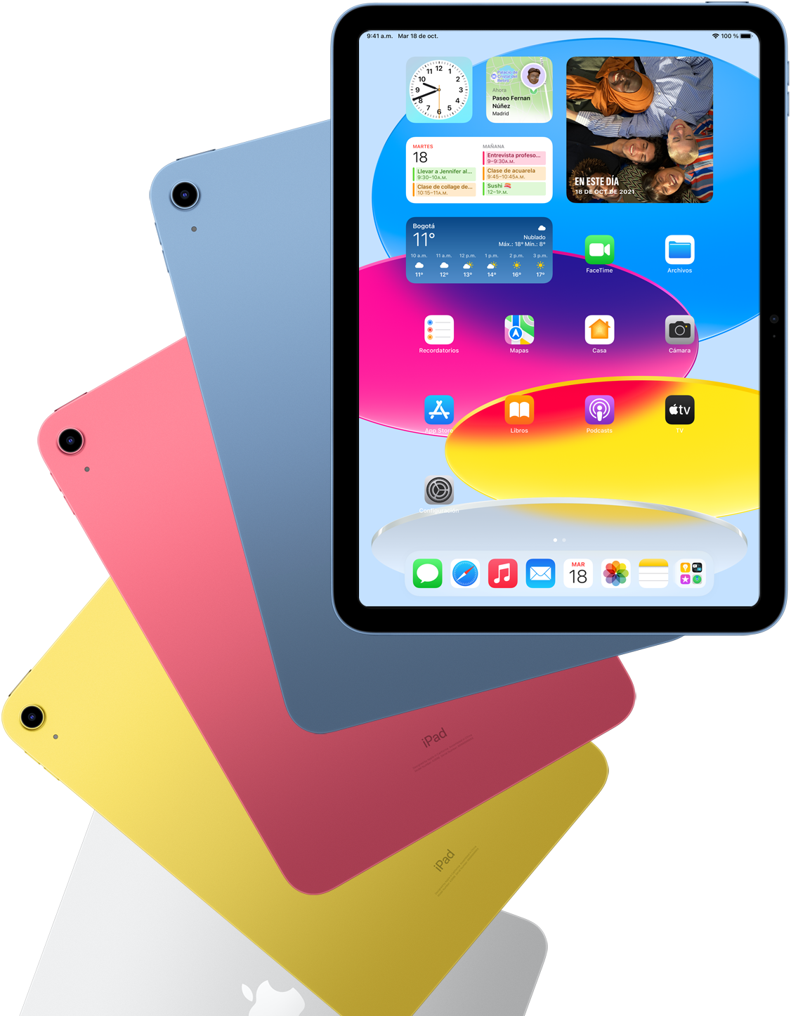 Vista frontal de un iPad con la pantalla de inicio y, por detrás, vistas traseras de otros dispositivos iPad en azul, rosa, amarillo y color plata.