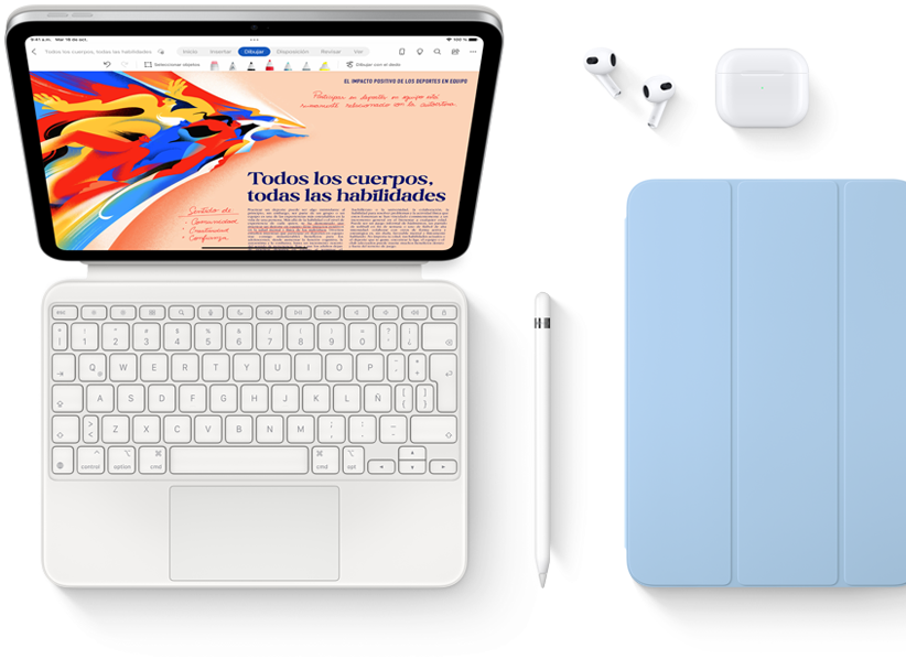 Imágenes del iPad, el Magic Keyboard Folio, el Apple Pencil, los AirPods y el Smart Folio.