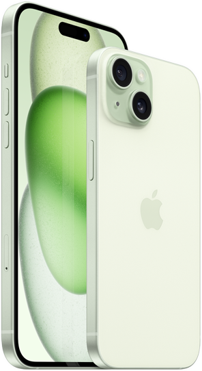 Vista de un iPhone 15 Plus de 6,7 pulgadas y un iPhone 15 de 6,1 pulgadas al lado para comparar su tamaño.