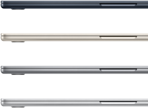 Cuatro laptops MacBook Air que muestran los acabados disponibles: color medianoche, blanco estelar, gris espacial y color plata