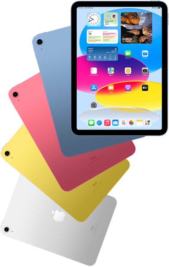 Vista frontal de un iPad con la pantalla de inicio y, por detrás, vistas traseras de otros dispositivos iPad en azul, rosa, amarillo y color plata.