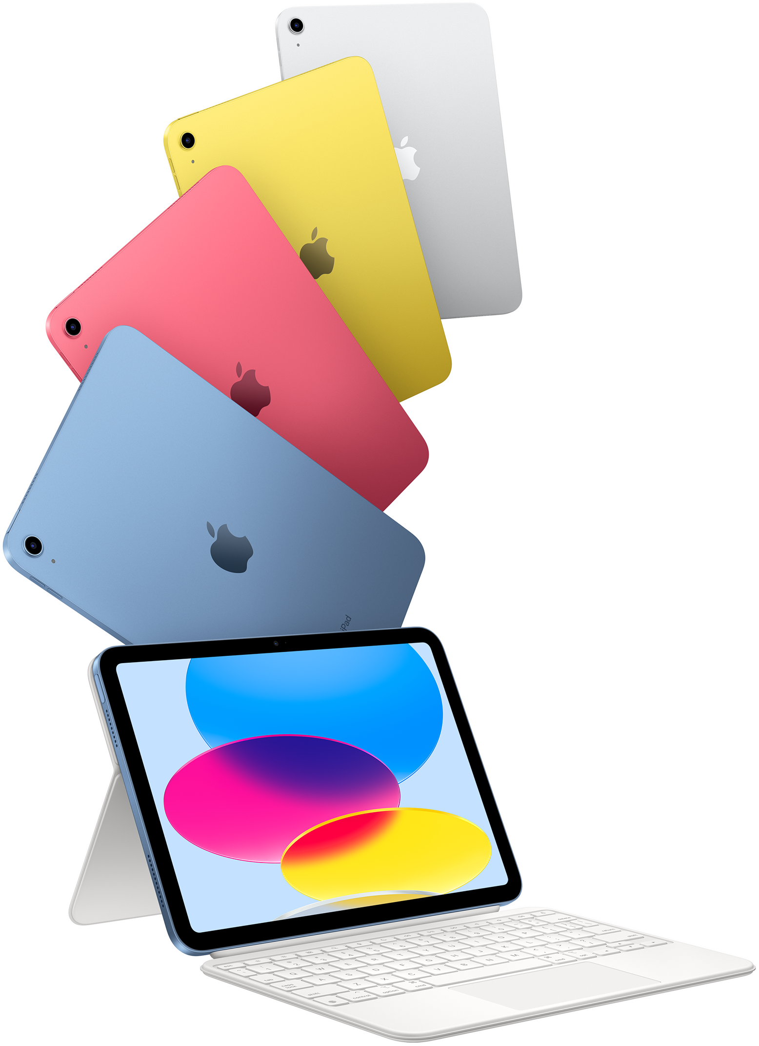 Modelos de iPad en azul, rosa, amarillo y color plata, y un iPad conectado a un Magic Keyboard Folio.
